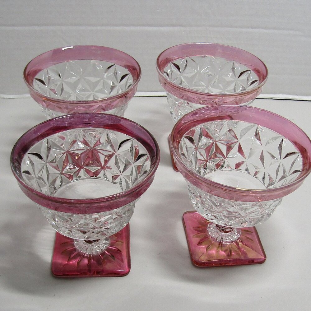 Set of 4 Vintage Cranberry Flashed Indiana Glass Diamond Pint Dessert Dishes